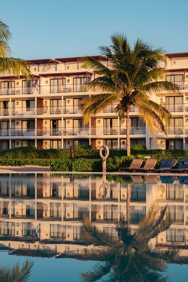 photo of a beachside resort with a palm tree and a pool during golden hour